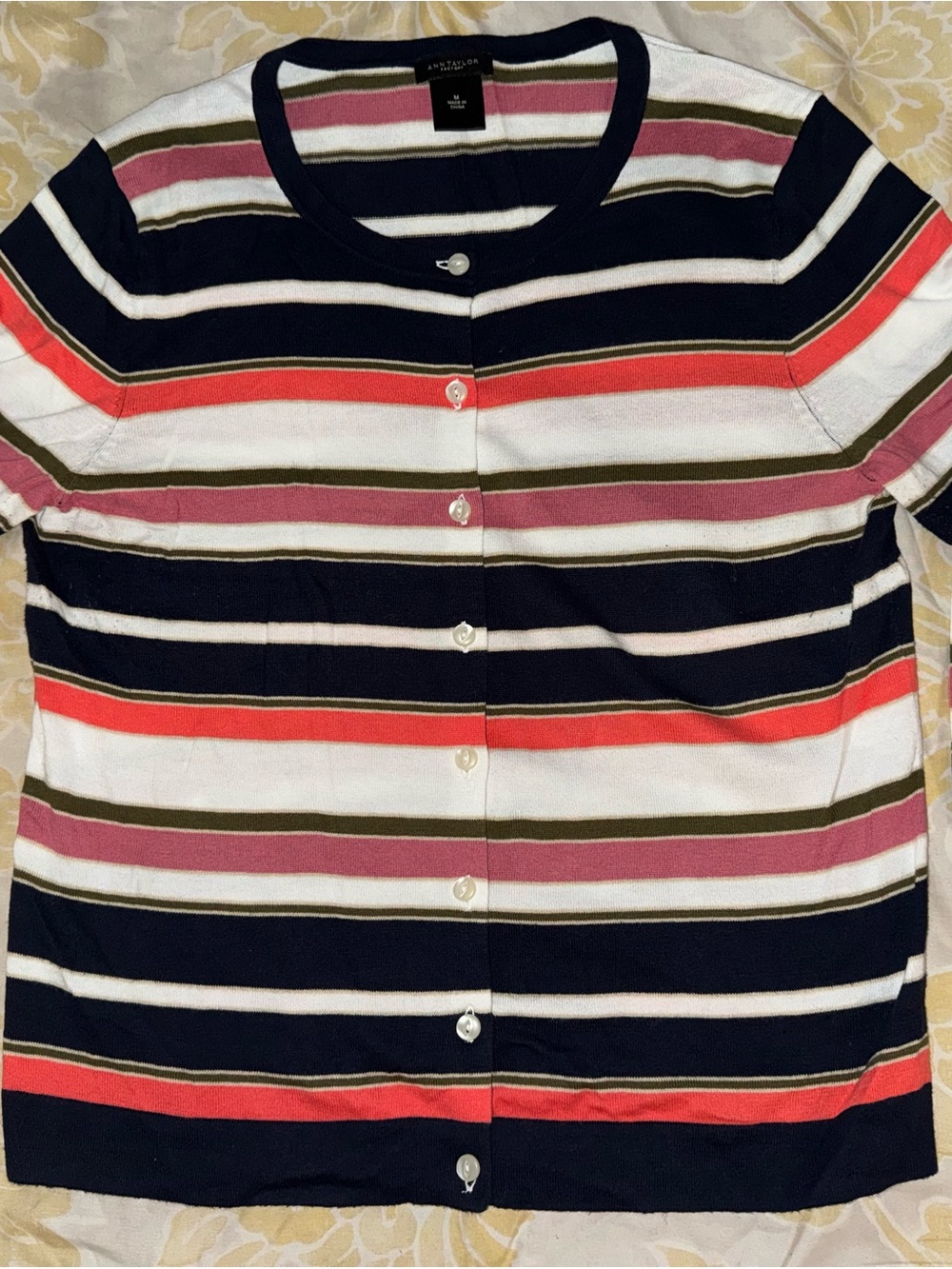 Ann Taylor Striped Button-Front Knit Top - Navy, White, Pink, Olive